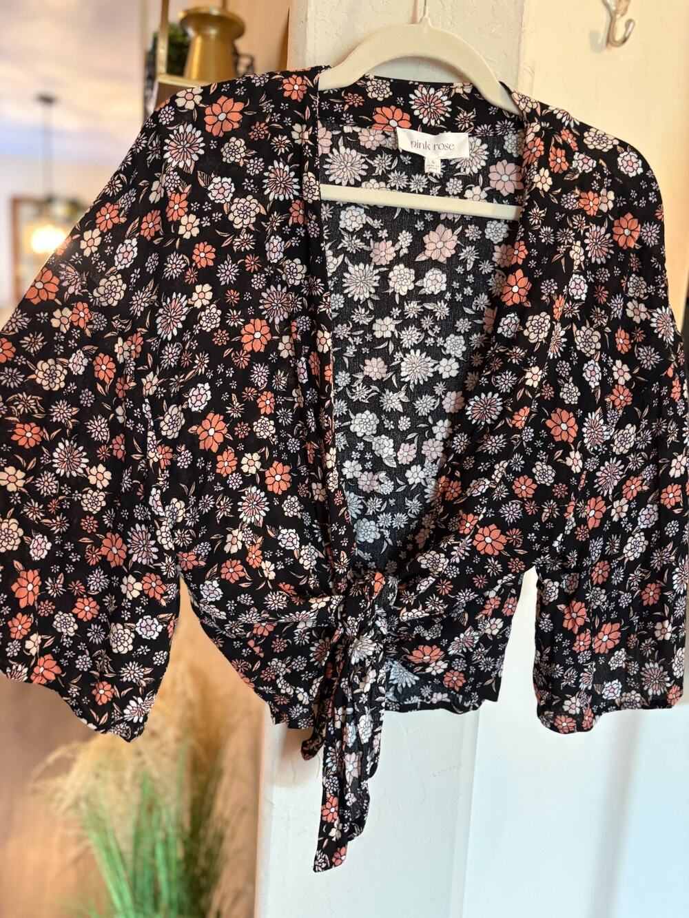 Pink Rose Floral Tie-Front Kimono Crop Top Black Pink Orange Size Large 8-12